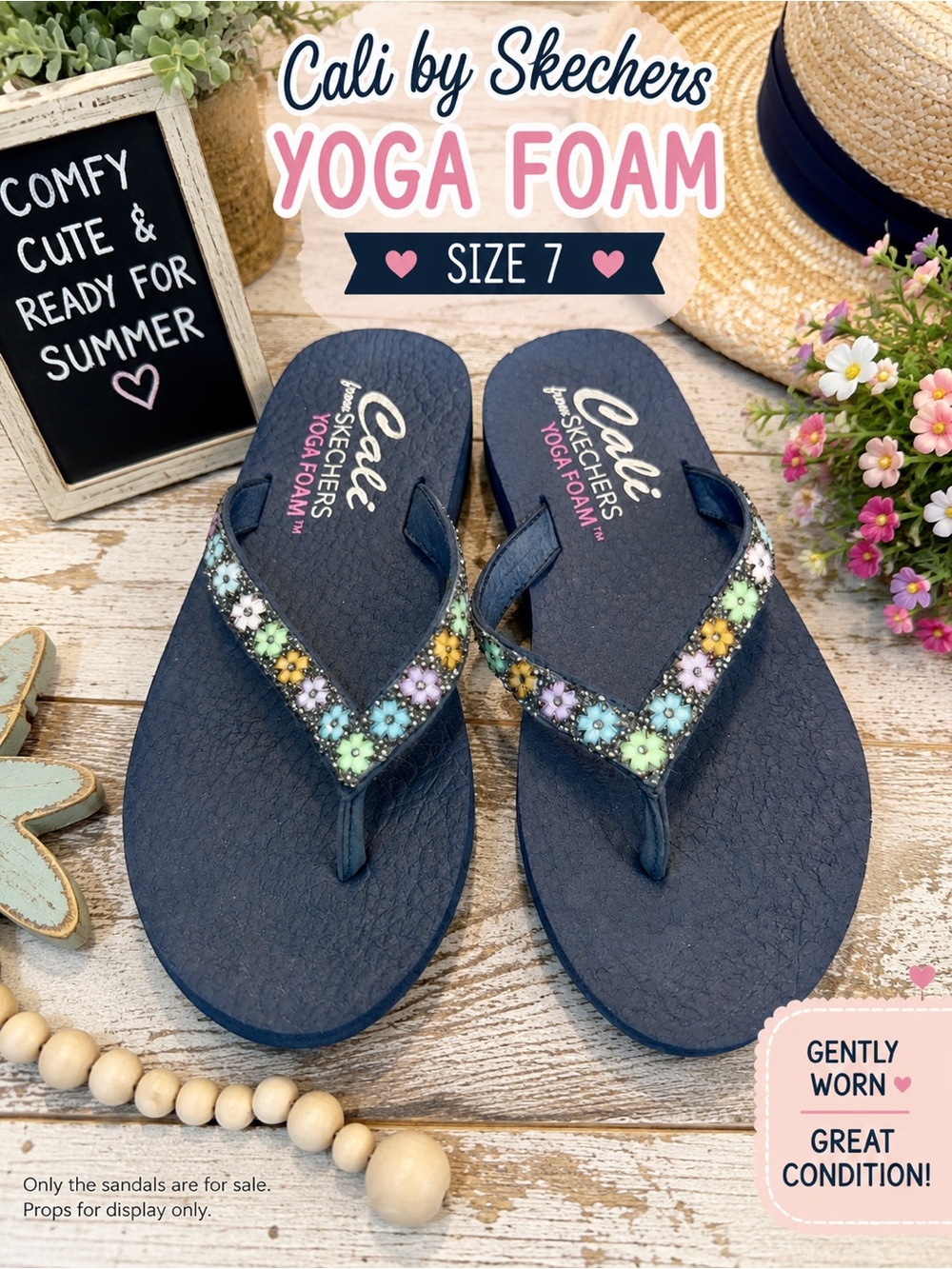 Skechers Navy Flip Flops with Multicolor Floral Beaded Straps